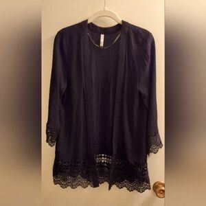 Women's Size Medium Black Light Woven Cardigan with Eyelet Lace Trim.